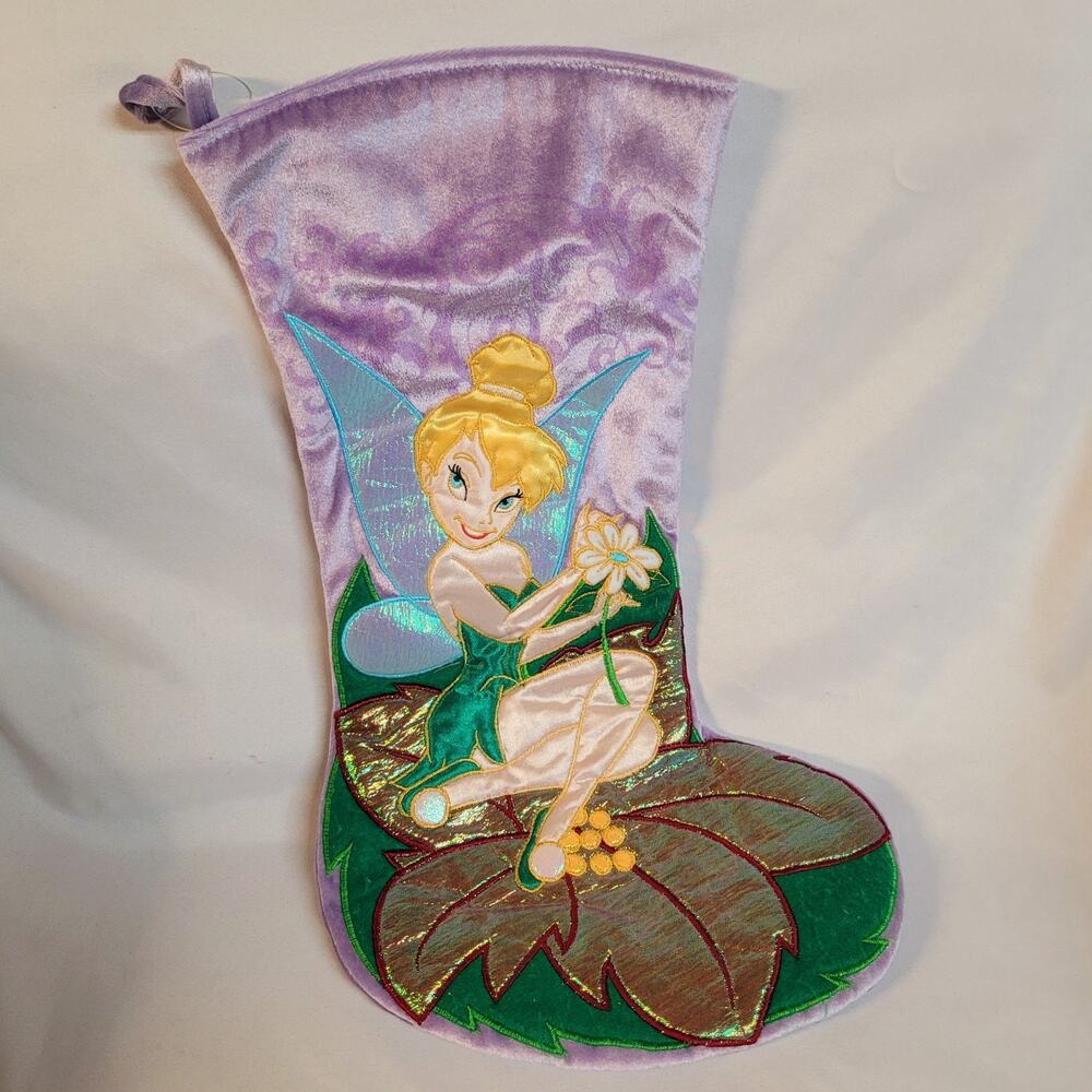 Vintage Disney Tinkerbell Christmas Stocking 2009 Lilac Pink Plush 21" Satin